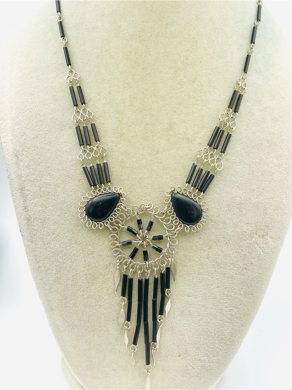 Vintage Peruvian Necklace With Wire Filigree and Black Beaded Fringe. 16 inch